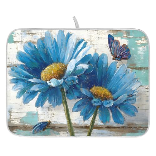 Rustic Daisy Blue on Vintage Wooden Dish Drying Mat for Kitchen Counter Absorbent Microfiber Large Drying Pad Dish Mats for Kitchen Countertops 18 x 24 Inch