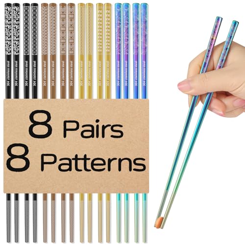 8 Pairs Metal Chopsticks Reusable Multicolor Stainless Steel Chopsticks Set Laser Engraved Non (8 Count)