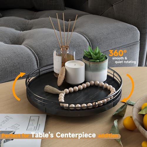 9 Inch Oak Lazy Susan Vanity Tray with Black Brush Gold Metal Frame