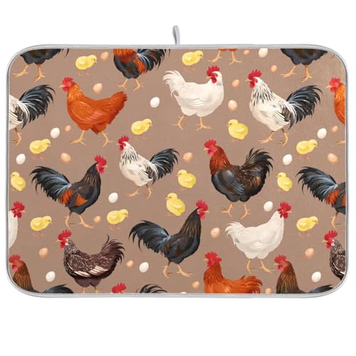 Colorful Hens Roosters Dish Drying Mat for Kitchen Counter Absorbent Microfiber Drying Pad