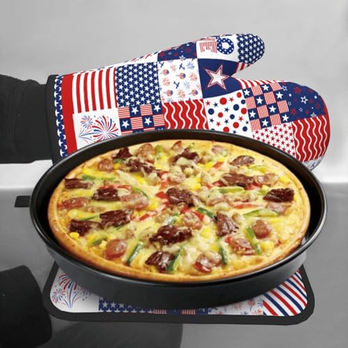 4th of July Patriotic Oven Mitts and Pot Holder Set of 2 Independence Day Heat Resistant Kitchen Gloves Hot Pads for Cooking Grilling BBQ
