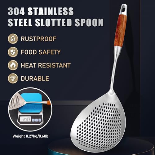 Large Slotted Spoon with Long Wooden Handle
