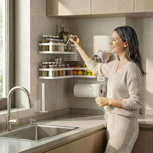5-in-1 Shower Caddy & Kitchen Organizer Set, Wall Mount Wide Spice Rack with Paper Towel Holder, Utensil Holder, Soap Dish, Rustproof Mesh Baskets Hold 50LBS - White, Guardrail