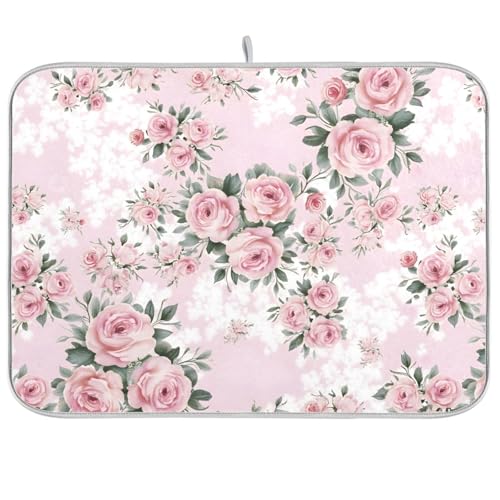 Floral Pink Roses Bouquets Dish Drying Mat for Kitchen Counter Absorbent Microfiber Drying Pad