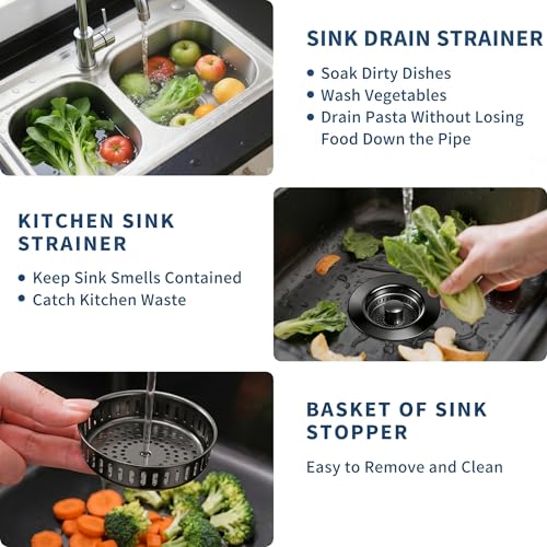 3-in-1 Kitchen Sink Drain Strainer & All-Purpose Sponges, 304 Stainless Steel Sink Stopper Pop-Up Drain Plug with Anti-Clogging Food Catcher Basket, Odor Blocker, Fits US Standard 3-1/2 Inch Sinks