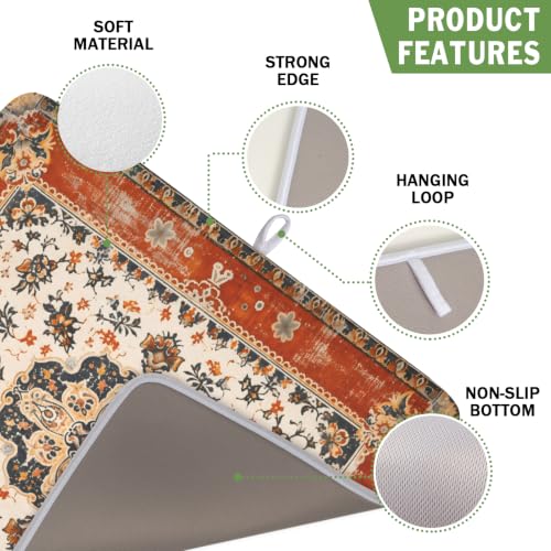 Ethnic Boho Dish Drying Mat Rust Coral Floral Decorative Dishes Pad 16x18 Inch Absorbent Fast Dry Drainer Rack Mats for Kitchen Countertop
