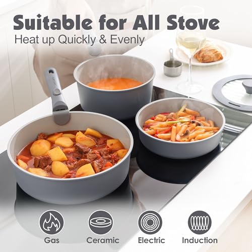 24 Piece Ceramic Detachable Handle Pots and Pans Set Gray