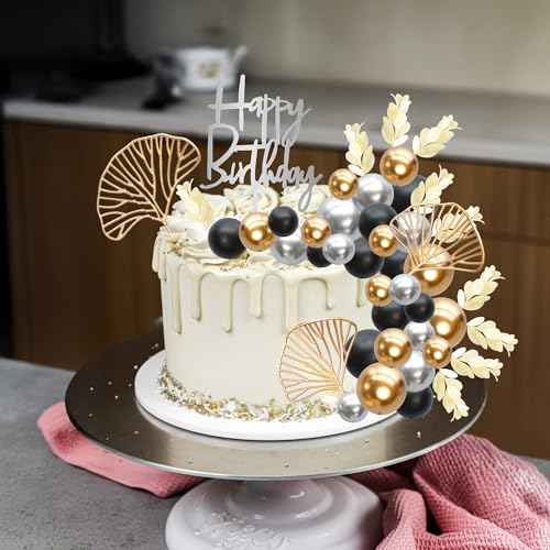 57Pcs Purple Balls Cake Topper Boho Grass Cake topper Pearl Balls Acrylic Happy Birthday Cake Decorations for Wedding Baby Shower Birthday Boho Themed Party Supplies Black Gold Silver (57 Count)