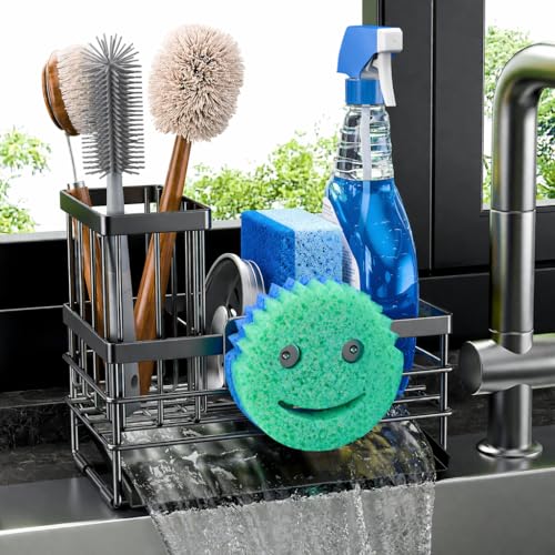 Sink Caddy Sponge Holder for Kitchen with Brush Holder and Stainless Steel Self Drain Tray