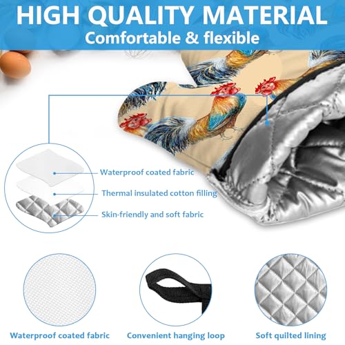 Watercolor Rooster Oven Mitts and Pot Holders Sets Heat Resistant 4Pcs Potholders Oven Gloves Hot Pads for Kitchen Baking Cooking Grilling BBQ (4 Count)