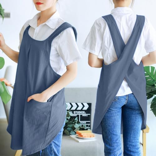 Japanese Cotton Cross Back Kitchen Cooking Aprons for Women with Pockets Cute for Baking Painting Gardening Cleaning Gray Blue