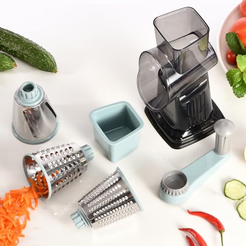 Rotary Cheese Grater with Handle Kitchen Shredder Slicer Grater Slicer Ice Shaver Cheese Vegetable Nuts Potato Zucchini Chocolate 3 Interchangeable Blades