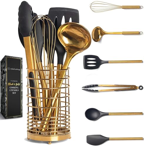 Black and Gold Kitchen Utensils Set with Holder (18 Count)