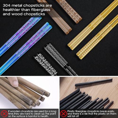 8 Pairs Metal Chopsticks Reusable Multicolor Stainless Steel Chopsticks Set Laser Engraved Non (8 Count)