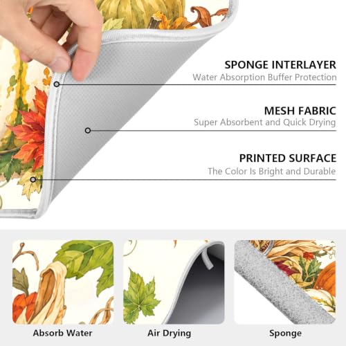 Autumn Fall Harvest Pumpkins Dish Drying Mat for Kitchen Counter Absorbent Microfiber Small Drying Pad Dish mats for Kitchen Countertops 16 x 18 Inch