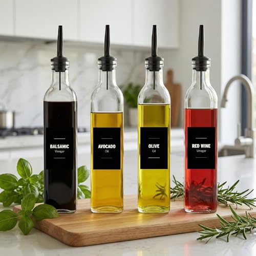 Olive Oil & Vinegar Dispenser Bottle Set with Stainless Steel Pourer (4 Count)