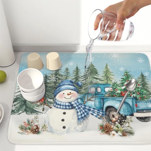 Winter Snowman Blue Dish Drying Mat Xmas Truck Dishes Pad 18"x24" Microfiber Absorbent Drainer Rack Mats Protector for Kitchen Counter Sink