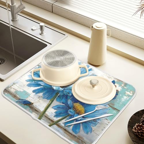 Rustic Daisy Blue on Vintage Wooden Dish Drying Mat for Kitchen Counter Absorbent Microfiber Large Drying Pad Dish Mats for Kitchen Countertops 18 x 24 Inch