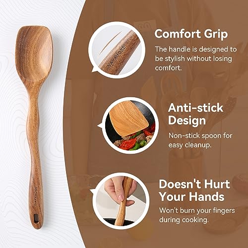 Kitchen 10PCS Teak Wooden Utensils Set With Holder and Spoon Rest (10 Count)