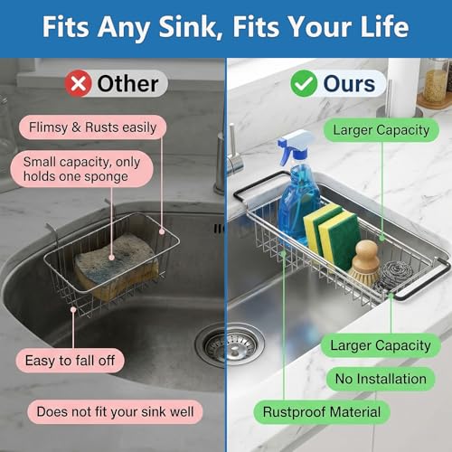 Over The Kitchen Sink Caddy Sponge Holder Organizer Drying Rack Expandable for Sponge Brush Soap 13.8" to 20.8"