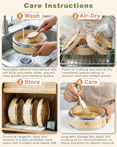 Bamboo Steamer Basket with Stainless Steel Rim 10 Inch Dumpling Steamer Kit