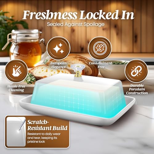 Large Ceramic Butter Dish with Lid & Crystal Handle