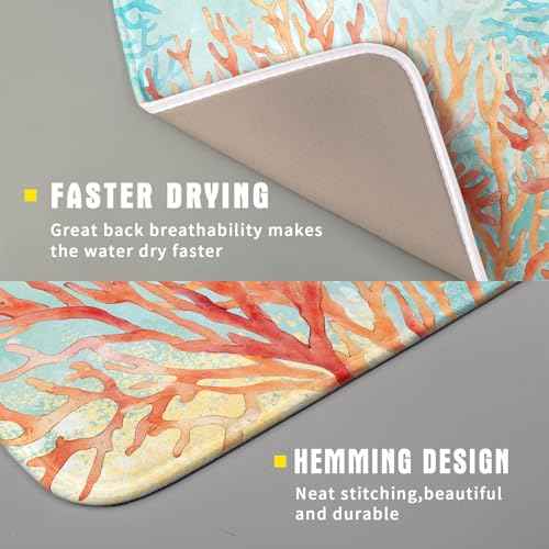 Coastal Coral Dish Drying Mat Beach Ocean Drainer Rack Mat 16x18 Inch Microfiber Absorbent Reversible Dish Dry Pad for Kitchen Counter Sink