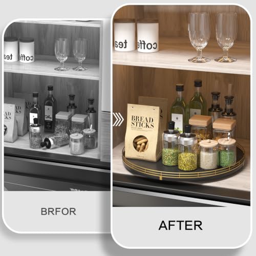 16 Inch Oak Lazy Susan Organizer with Gold Rail and Black Finish