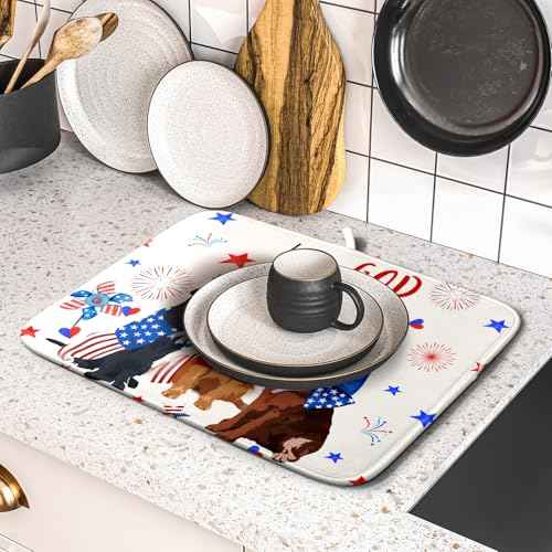 4th of July Patriotic Dogs Dish Drying Mat American Independence Day Dish Dry Pad 16"x18" Absorbent Dishes Drainer Mat for Kitchen Counter