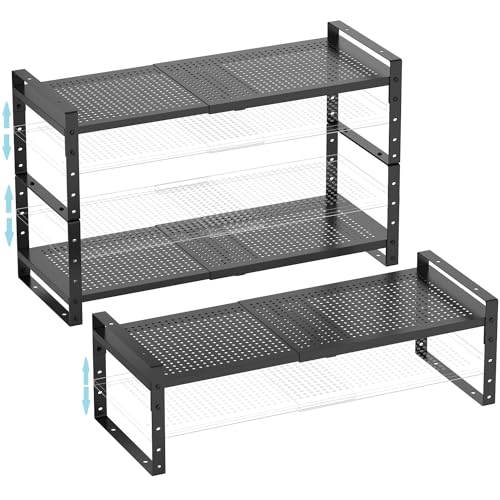 Expandable Shoe Rack Stackable Metal Pantry Storage Shelves Stand Adjustable Height Cabinet Shelf Organizer Racks Spice Shelving (3 Count)
