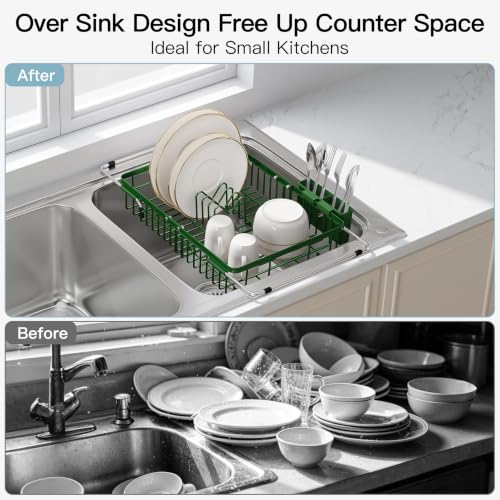 Green Dish Drying Rack Over the Sink with Utensil Holder