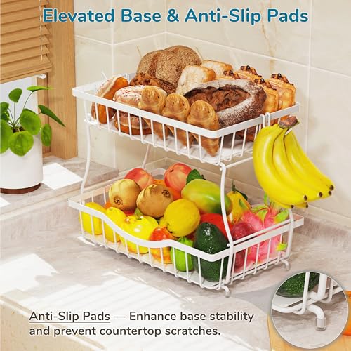 Large 2 Tier Fruit Basket for Kitchen Counter with 2 Banana Hangers (2 Count)
