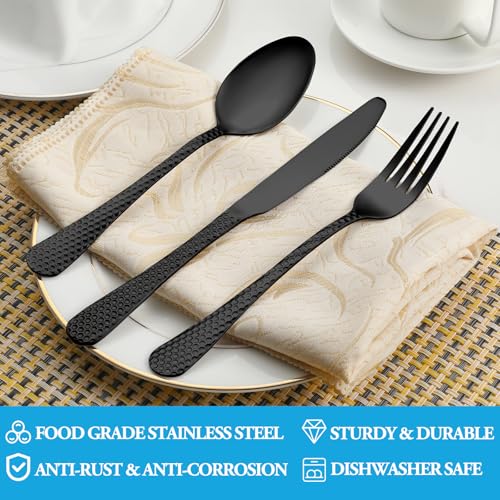 30 Pcs Black Hammered Silverware Set Service for 6 (30 Count)