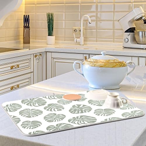 Green Palm Monstera Leaves Dish Drying Mat for Kitchen Counter Absorbent Microfiber Drying Pad