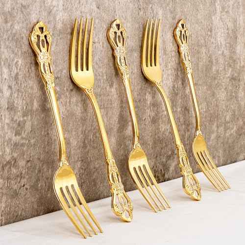30PCS Gold Plastic Forks 8.1inch Vintage Baroque Forks for Dinners (30 Count)