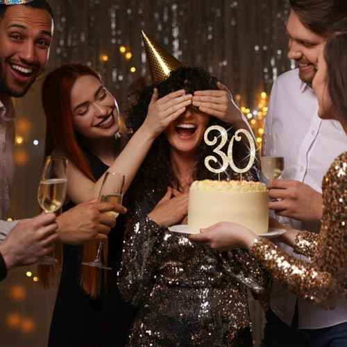30th Birthday Decorations for Women Rhinestone Gold Cake Topper