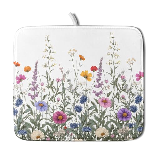 Flower Herbs Dish Drying Mat Botanical Plant Dishes Drainer Mat 16x18 inch Reversible Microfiber Drying Dish Pad for Kitchen Counter Decor