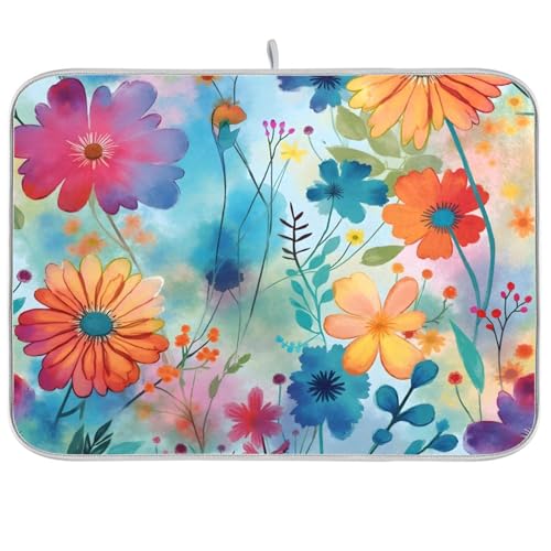 Colorful Flowers Blue Dish Drying Mat for Kitchen Counter Absorbent Microfiber Drying Pad