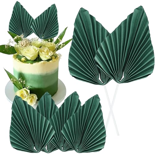 6Pcs Paper Palm Fan Cake Toppers Palm Spear Leaves Fan Cupcake Toppers Cake Insert Decorations Craft DIY Cake Bakeware Decoration for Birthday Party Wedding Party Decor Supplies Green (6 Count)