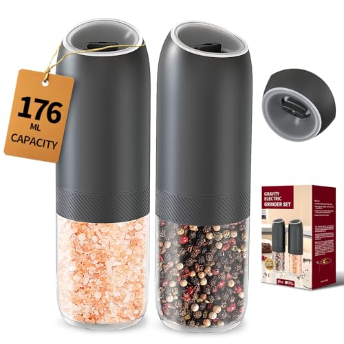 Gravity Electric Salt and Pepper Grinder Set Battery Powered Automatic Pepper Mill Grinders with 176ml Container (2 Count)