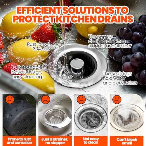 3 in 1 Kitchen Sink Drain Strainer Stopper Basket Pop Up Black