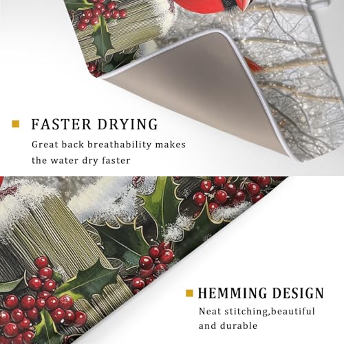 Winter Birds Dish Drying Mat Red Berry Dish Drainer Rack Mat Microfiber Absorbent Dish Drying Pad for Kitchen Counter Coffee Bar 18x24 Inch