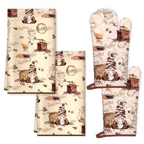 Vintage Coffee Kitchen Towels and Oven Mitts Set 4Pcs (4 Count)