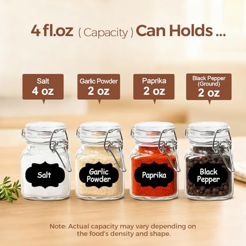 Square Glass Spice Jars 4 oz 12 Pack with Labels and Funnel Set (12 Count)