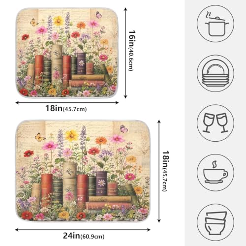 Vintage Books Shelf Dish Drying Mat for Kitchen Counter Absorbent Microfiber Large Drying Pad Dish mats for Kitchen Countertops 18 x 24 Inch