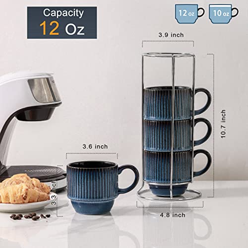 Navy Coffee Mugs Porcelain Set of 4 with Rack (4 Count)