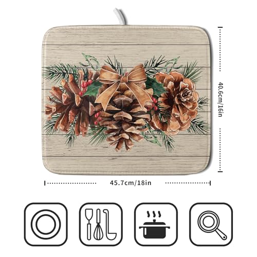 Winter Pine Cone Dish Drying Mat Holly Berries Dish Draining Mat Microfiber Washable Dish Drainer Rack Mat for Home Kitchen Counter 16"x18"