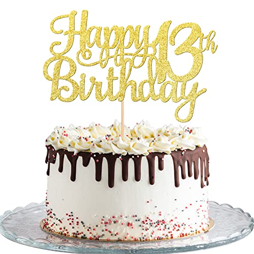 1 PCS Happy 13th Birthday Cake Topper Gold Glitter Cheers to 13 Years Birthday Cake Pick Official Teenager 13 Fabulous Cake Decoration for Happy 13th Birthday Theme Party Decorations Supplies