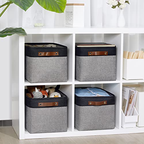 4 Pack Large Canvas Storage Bins with Handles 15"x11"x9.5" Fabric Storage Baskets for Shelves Cloth Bins for Organizing (4 Count)