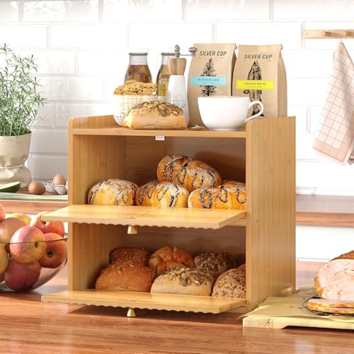Rustic Bread Box for Kitchen Countertop Bamboo Bread Storage Container Bin Double Layer BreadBox Farmhouse Large Capacity Food Organizer